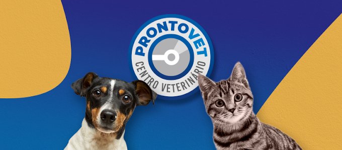 Cão e gato ao lado do logo da Prontovet Centro Veterinário.